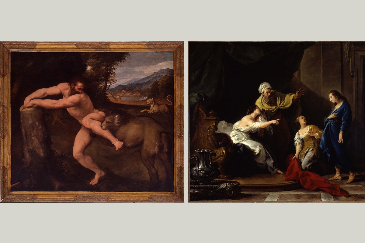 Two paintings side by side on gray backdrop. In the painting on the left, a naked white man is being bitten on the leg by a lion while his hands are trapped in a tree stump. In the painting on the right, three white figures look in shock and point at a fourth, who is wearing a blue robe.