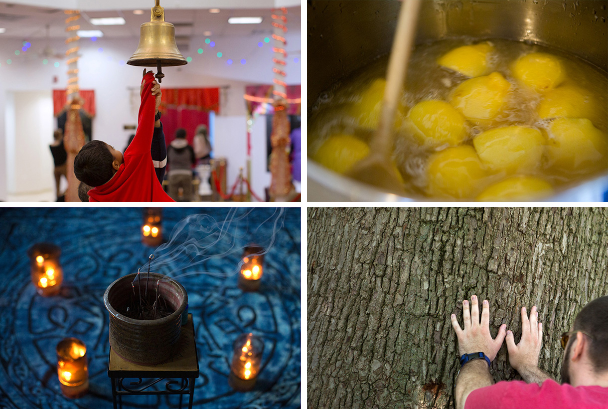 Image grid. Top left, child's hand reaching for bronze bell. Top right, wooden spoon stirring brown liquid with lemons in metal pot. Bottom left, wisps of incense from a dark round container, with candles in background. Bottom right: two white hands pressed against a bumpy brown tree trunk