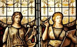 medieval stained glass with two female musicians