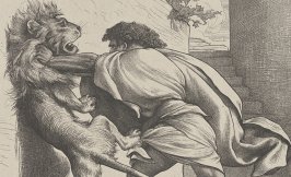 Black and white etching of a man fighting a lion and grasping at its throat