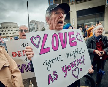 People protest outside the offices of U.S. Immigration and Customs Enforcement, April 3, 2025, in Philadelphia. (Photo by Rodney Atienza/New Sanctuary Movement)