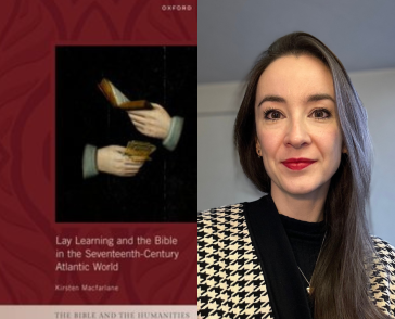 Book cover next to headshot of a woman with long dark hair in a checked sweater