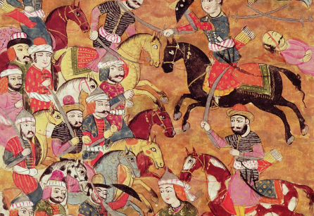 Red and gold ancient depiction of war including horses. 