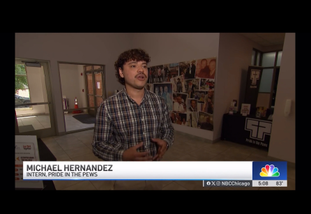 Still of a student on the news