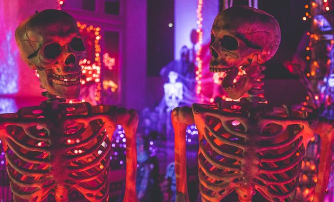 Two skeletons facing each other against a purple and orange backdrop