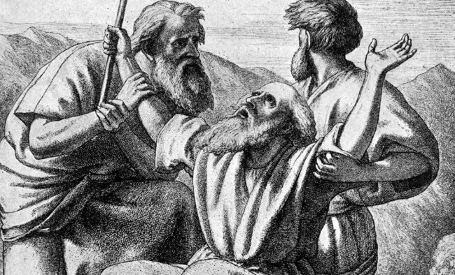 Two men flank Moses as he sits and holds up a rod in this black and white illustration