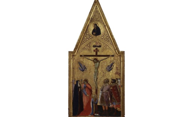 Square panel with triangular top, golden background, depicting Christ's crucifixion