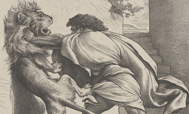 Black and white etching of a man fighting a lion and grasping at its throat
