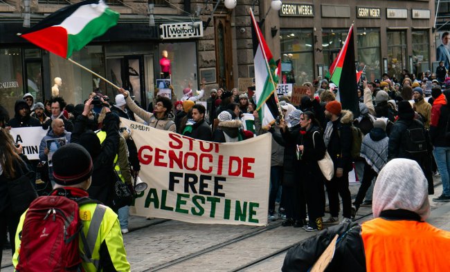 Pro-palestine protesters with Palestinian flags and signs