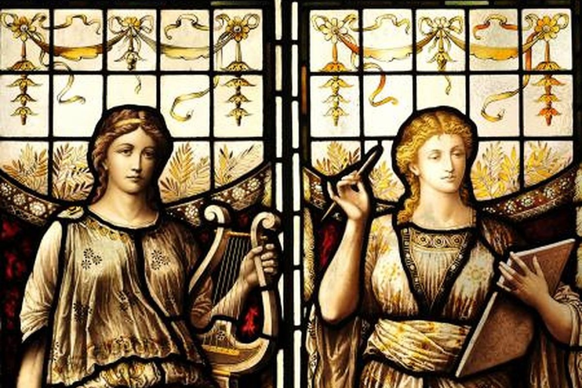 medieval stained glass with two female musicians