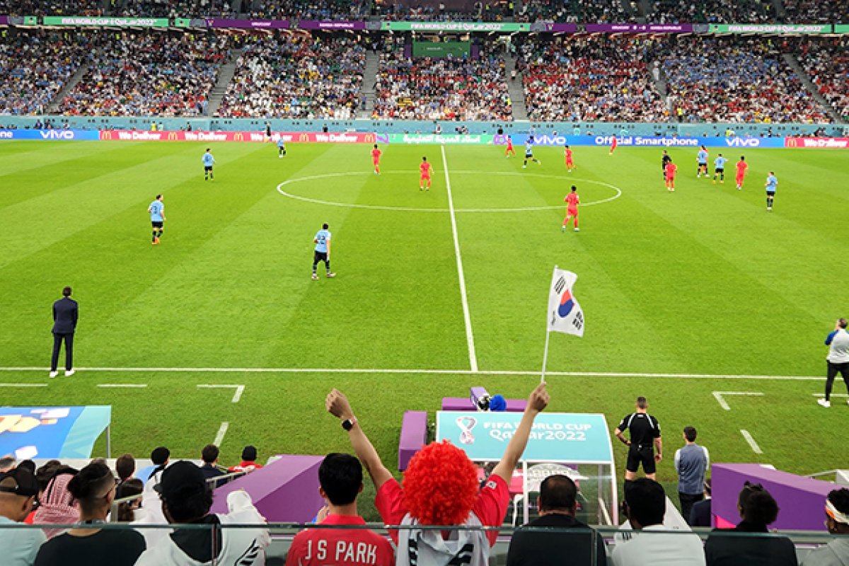 Football fan waves South Korean flag in front of packed stadium at the World Cup 2022