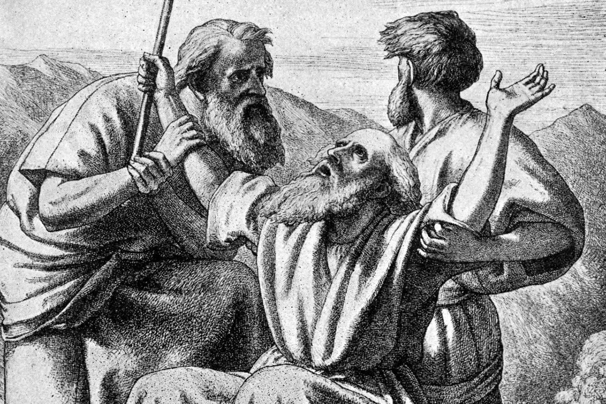 Two men flank Moses as he sits and holds up a rod in this black and white illustration