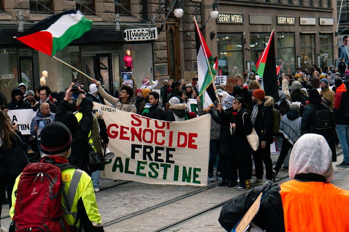 Pro-palestine protesters with Palestinian flags and signs