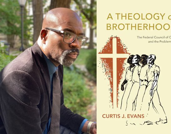 Headshot of Curtis Evans next to book cover of Theology of Brotherhood