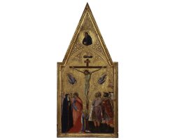 Square panel with triangular top, golden background, depicting Christ's crucifixion