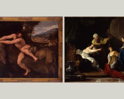 Two paintings side by side on gray backdrop. In the painting on the left, a naked white man is being bitten on the leg by a lion while his hands are trapped in a tree stump. In the painting on the right, three white figures look in shock and point at a fourth, who is wearing a blue robe.