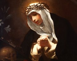 Saint Catherine of Siena in white veil and crown of thorns, looking down.
