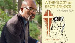 Headshot of Curtis Evans next to book cover of Theology of Brotherhood