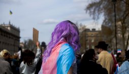 A person with long purple hair wears the pink and blue transgender flag in the style of a cape.